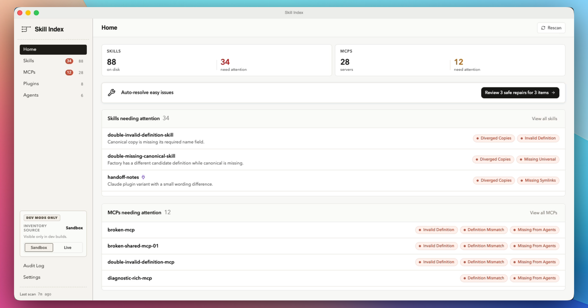 Skill Index macOS app dashboard showing skills and MCPs needing attention.