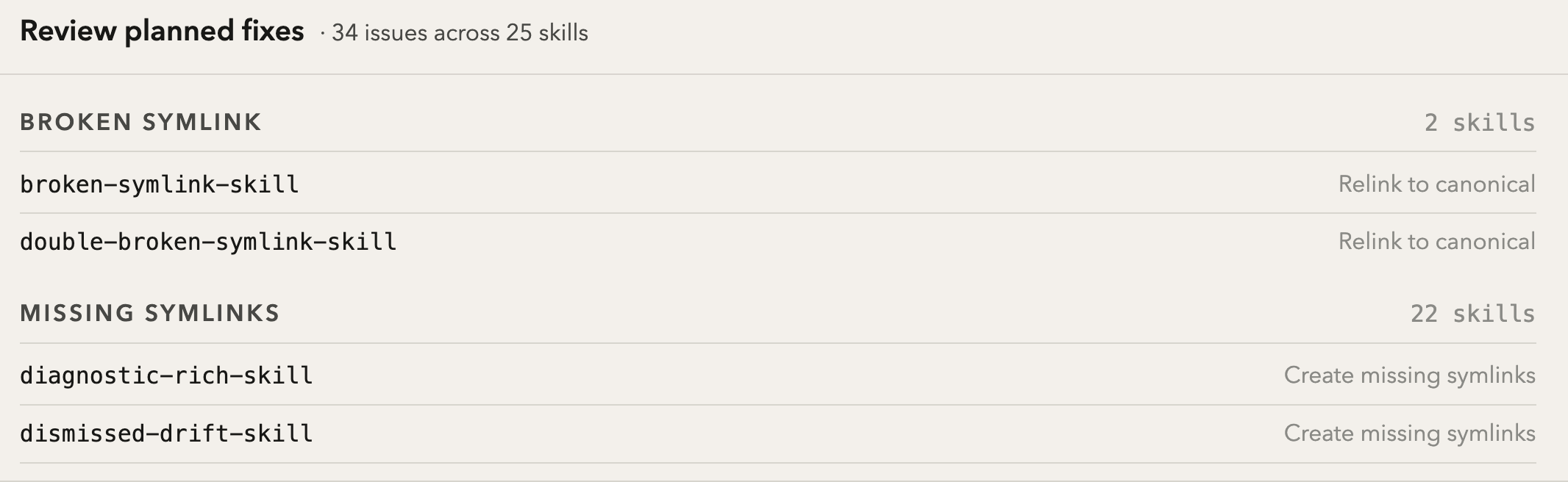 Skill Index sandbox auto-resolve card with planned fixes and suggested repairs.
